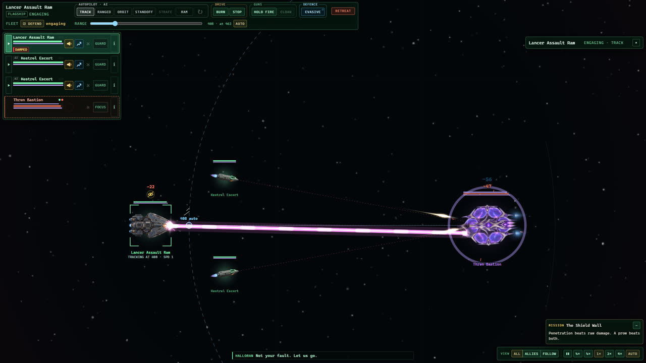A Lancer assault ram firing a spinal railgun at a Thren Bastion, with two escorts on its flanks