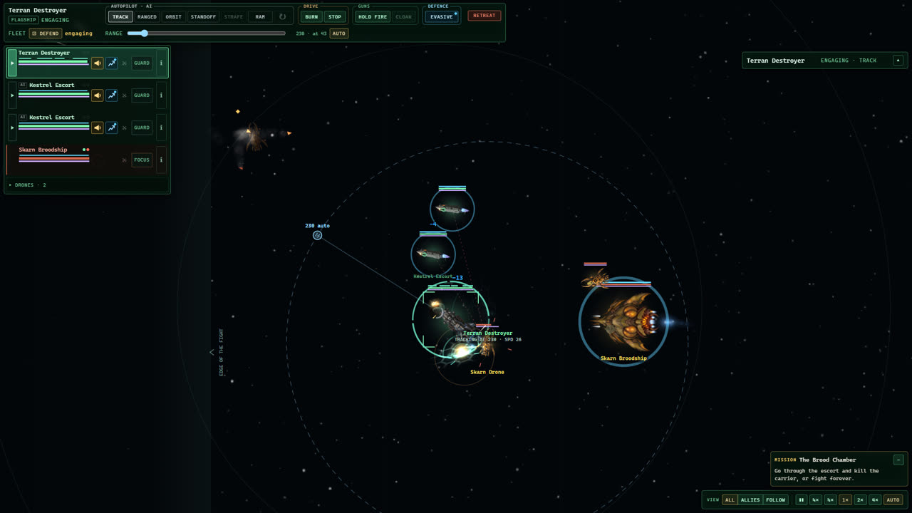 A Terran destroyer and two escorts closing on a Skarn broodship and its drones