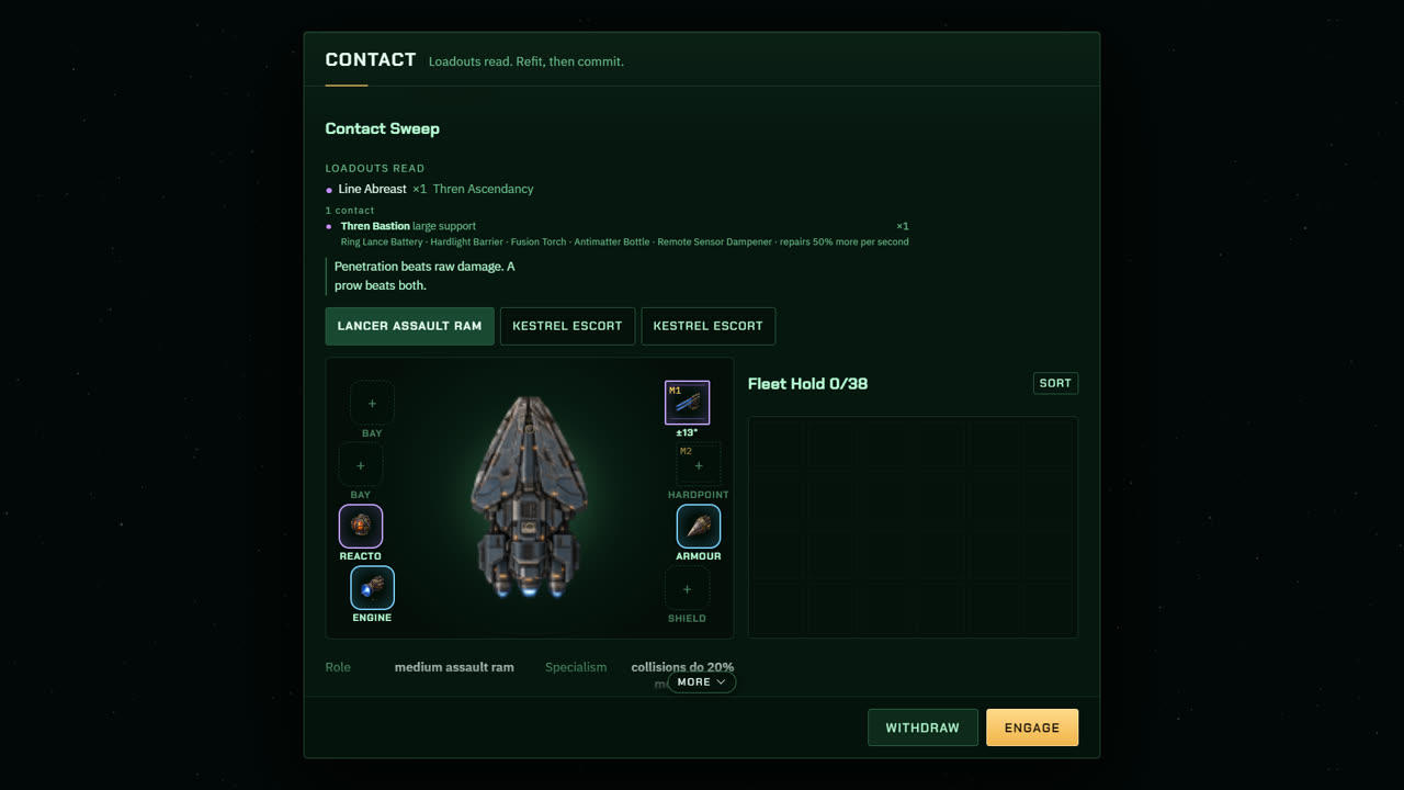 The contact screen: the Thren Bastion's modules listed above the Lancer assault ram's fitting, before the fight
