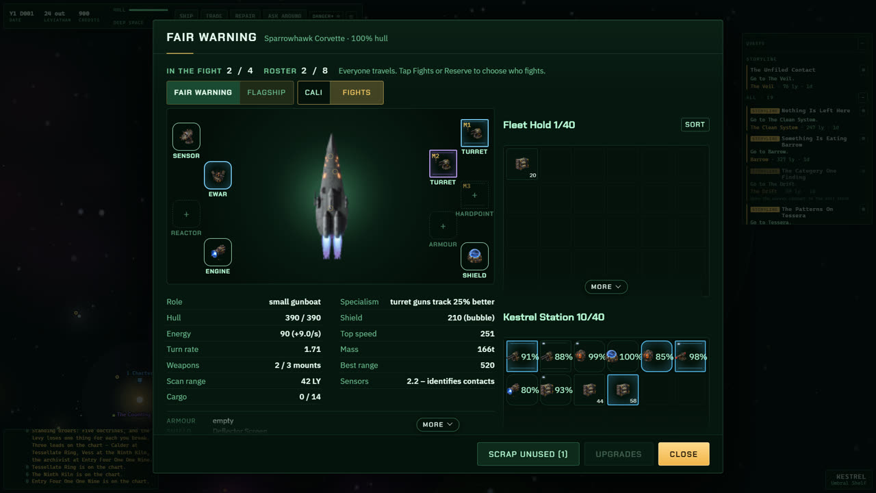The refit screen: the Sparrowhawk corvette with its mounts, bays, fleet hold and the station store