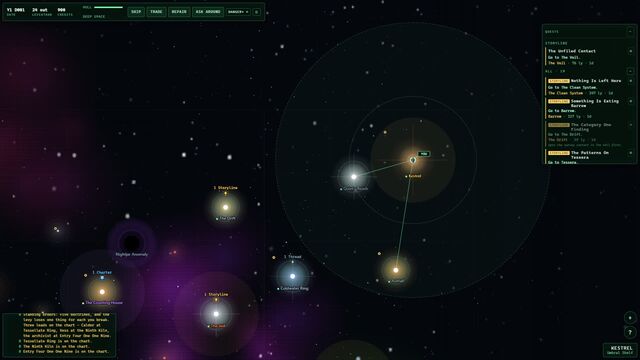 Screenshot: the star chart, with routes between star systems and the quest list.