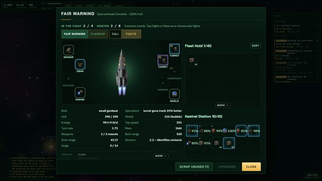 Screenshot: the refit screen, with a ship's mounts, its stats and the fleet hold.