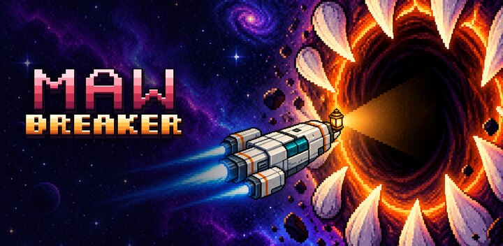 Mawbreaker key art: a pixel-art starship flies toward a giant fanged maw in space.