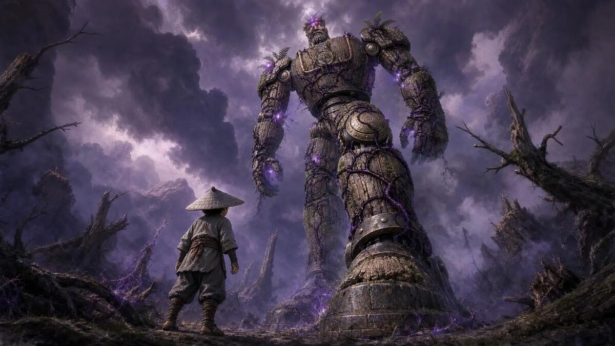 A small ninja in a straw hat looks up at a colossal stone Titan wrapped in glowing purple vines.