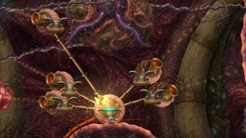Inside a sky whale's red belly, golden ropes run from a brass valve to fleshy chambers.