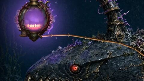 A violet lamp on a curved stalk above an iron anglerfish Titan's eye, with a rope stretched across.
