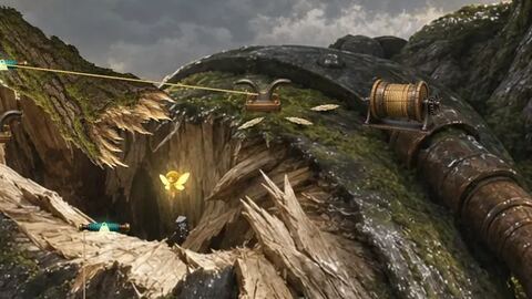 A torn wooden bough on a giant's shoulder, held together with taut golden ropes.
