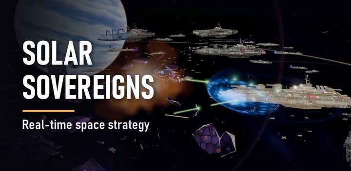 Solar Sovereigns key art: fleets of 3D warships exchange fire beside a gas giant.